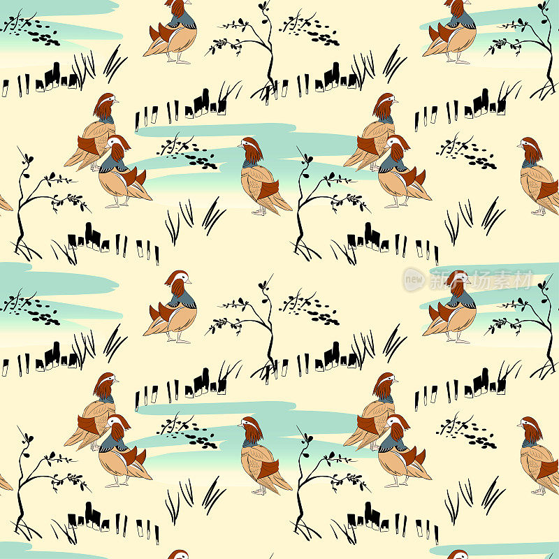 Vector illustration seamless pattern with plants and duck in ukiyo style, lake and mandarin ducks on background, can be used for background, in textile, packaging design, banner or card.